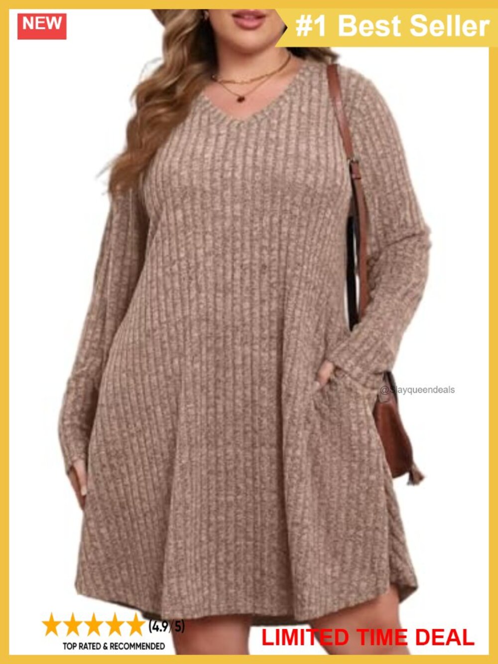Plus Size V Neck Sweater Dress with Pockets Long Sleeve Knee Length